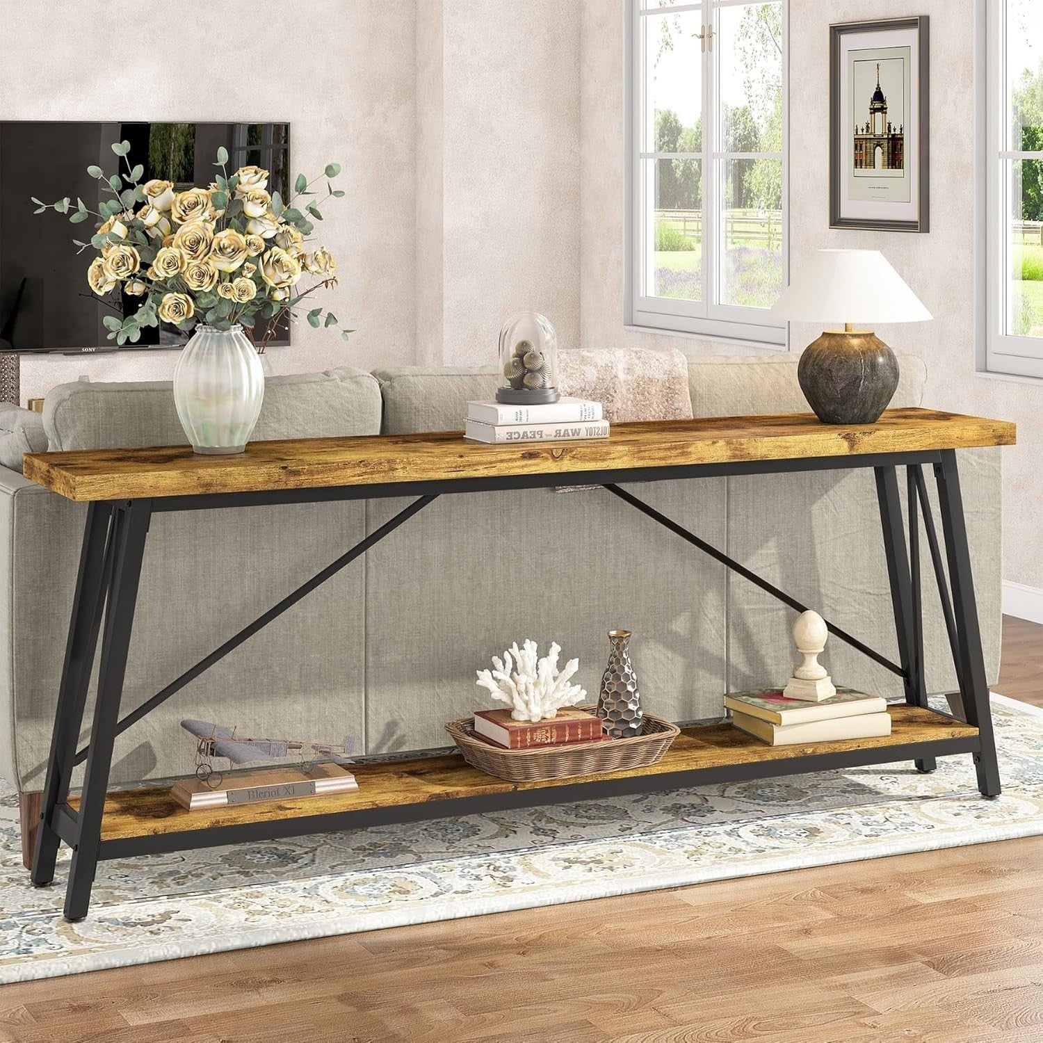 Extra Long Industrial Console Table – Sofa Back Entryway Shelf Storage