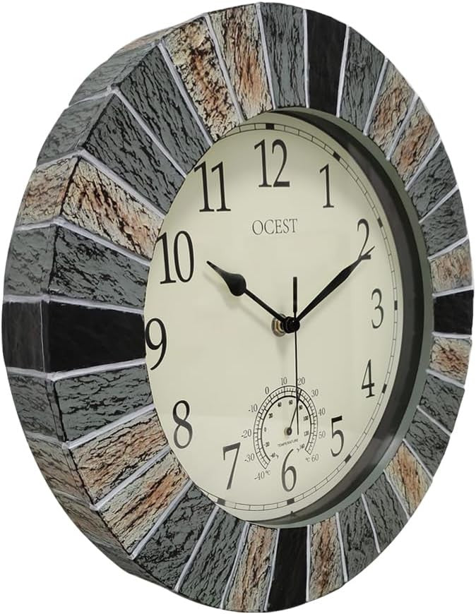 13" Outdoor Garden Wall Clock Waterproof Thermometer Retro Large Silent Decor