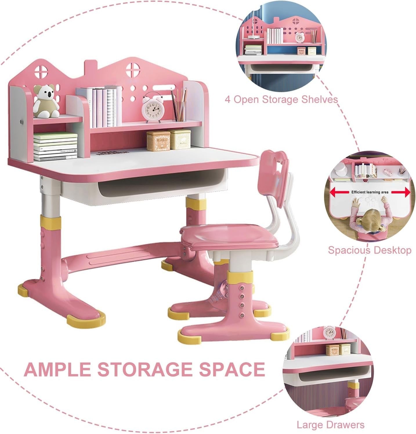 Adjustable Kids Desk & Chair Set with Drawer, Large Writing Surface Pink