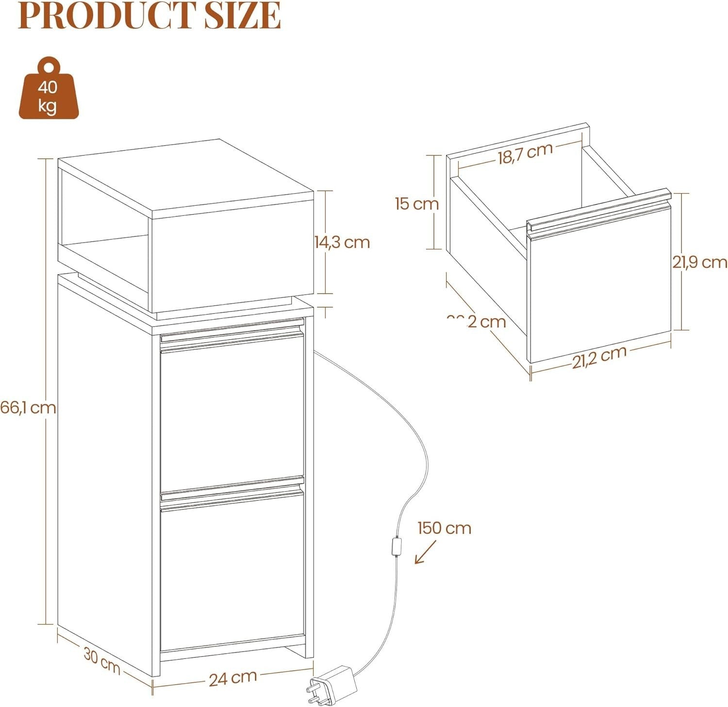 Modern LED Bedside Tables Set of 2 with Drawers & Open Shelf – Slim Nightstands