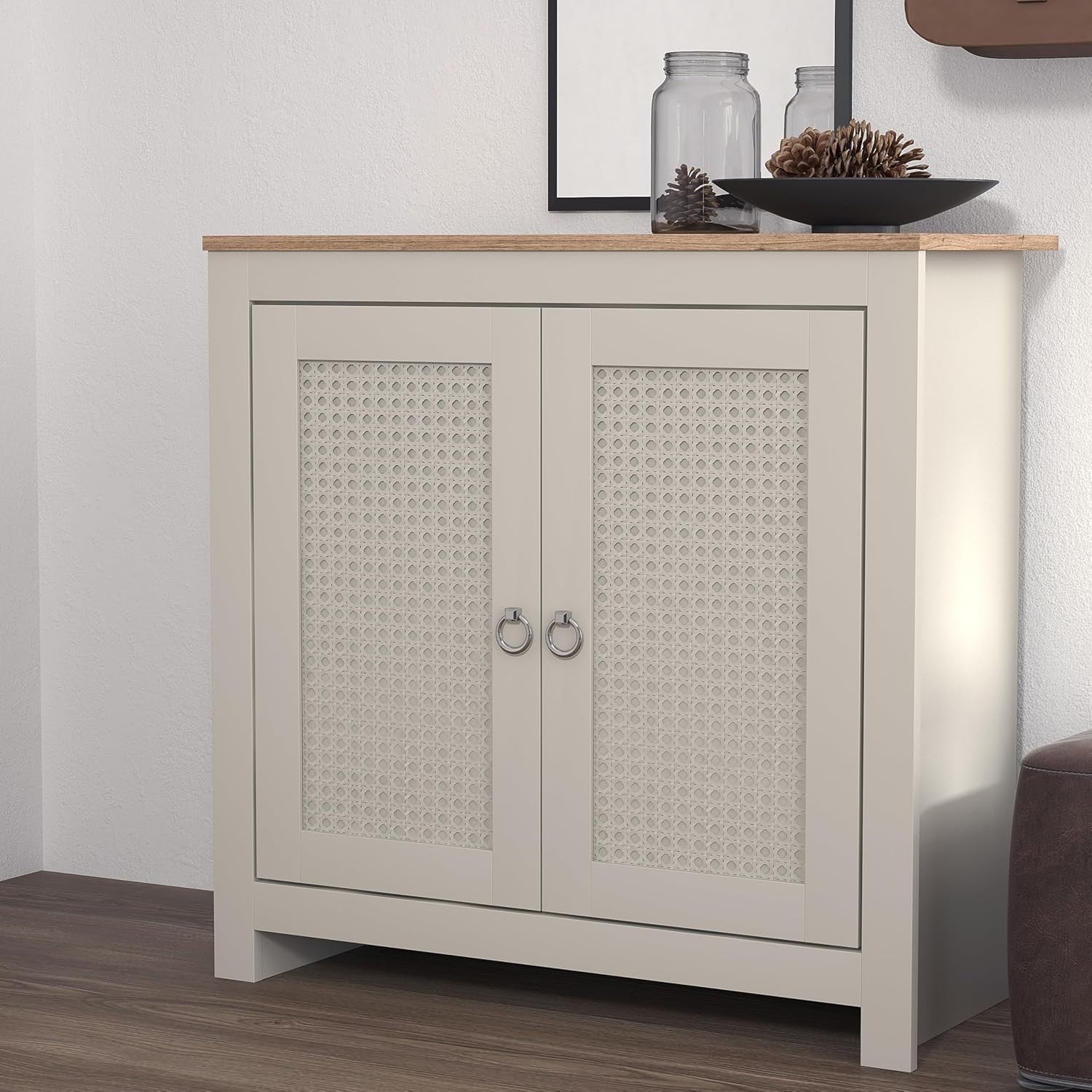 12 Pair Rattan Shoe Cabinet – 2 Door Modern Shoe Rack with Shelves – Oak