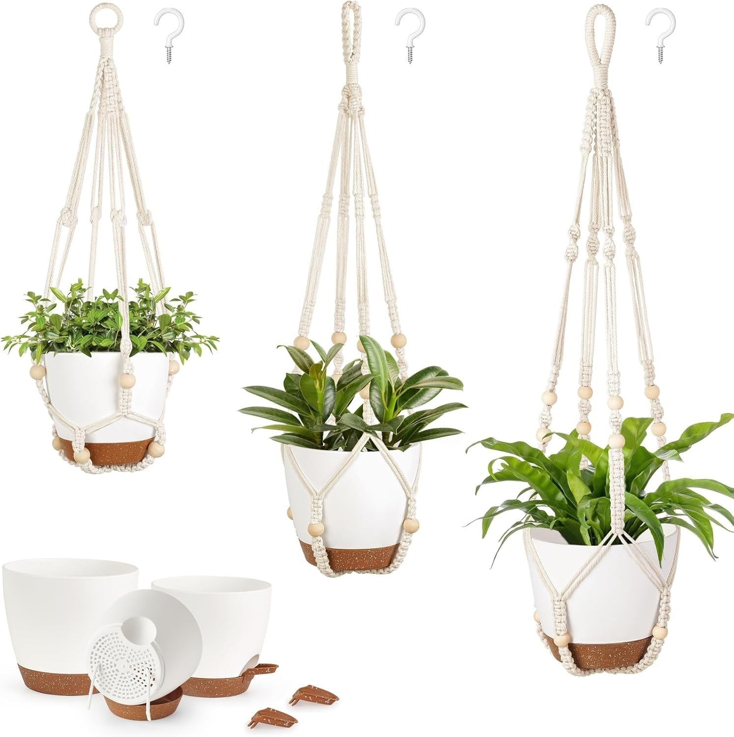 Macrame Hanging Planters Set of 3 Self-Watering Boho Indoor Decor