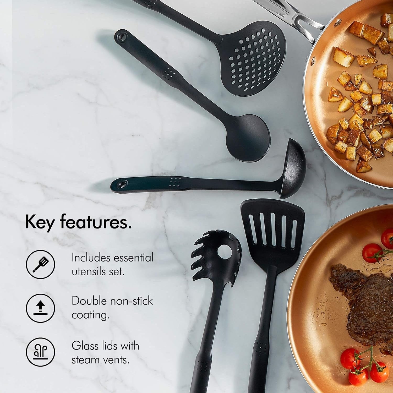 11Pcs Black Non-Stick Saucepan and Frying Pan Set with Glass Lids & Utensils