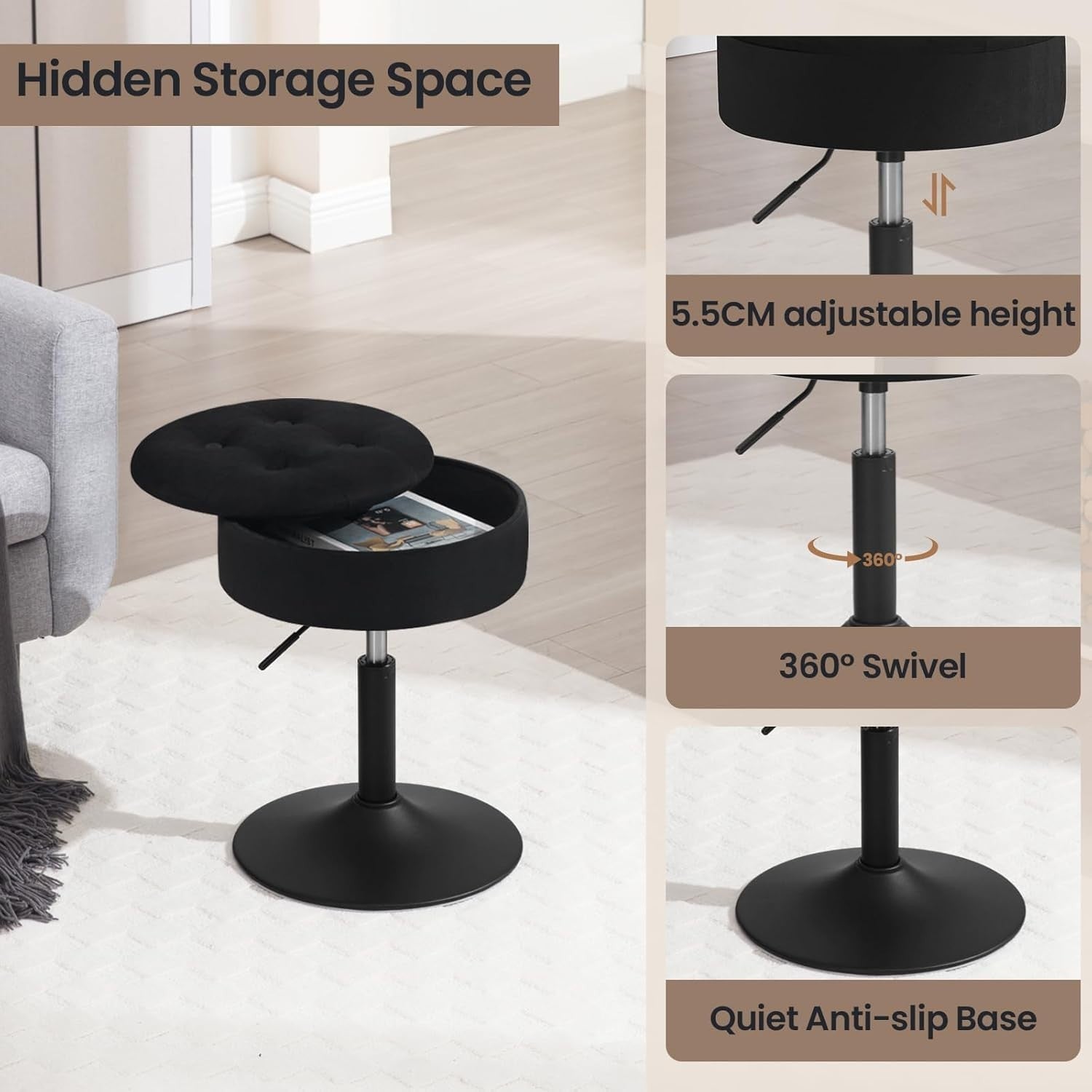 Black Velvet Swivel Vanity Stool with Storage Round Adjustable Makeup Seat
