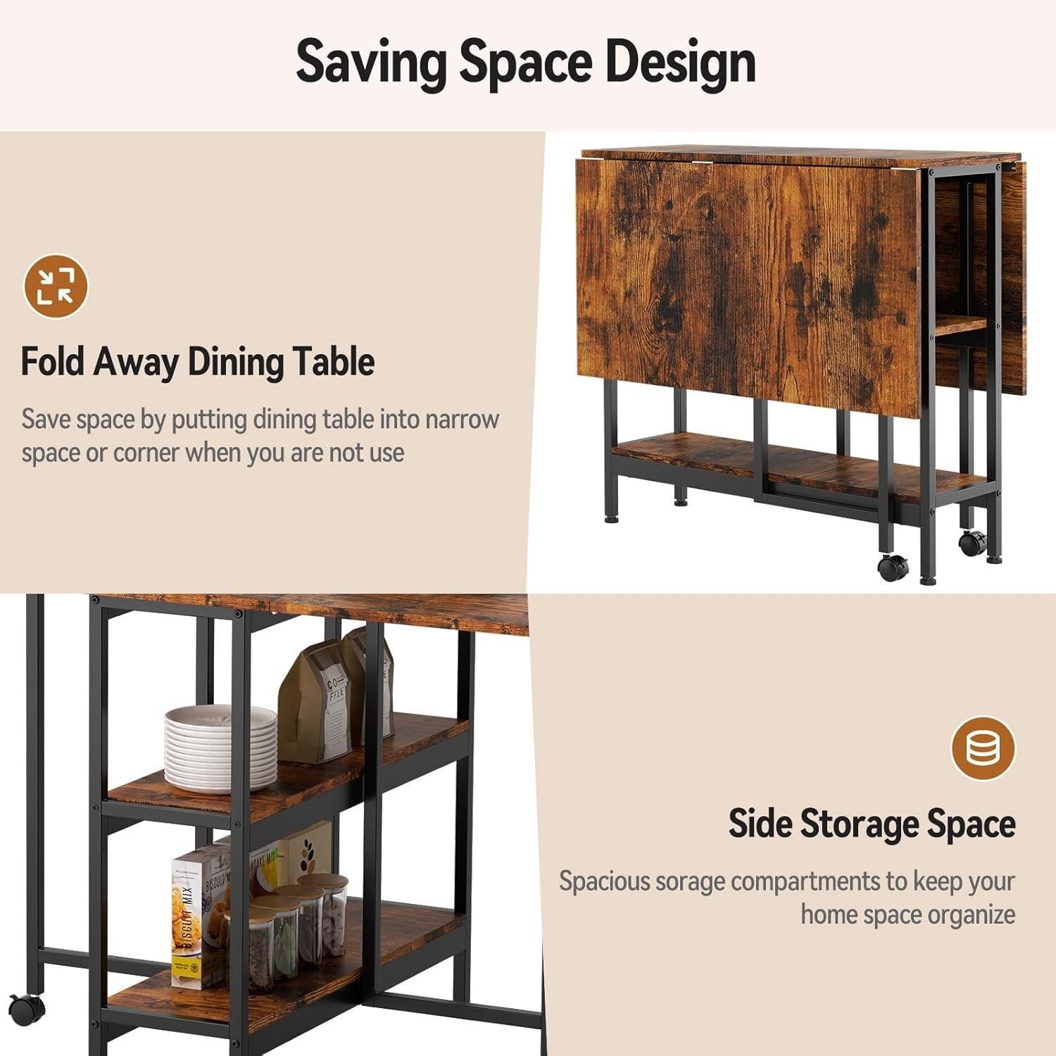 Brown Wooden Folding Drop Leaf Dining Table with Storage Shelves on Wheels