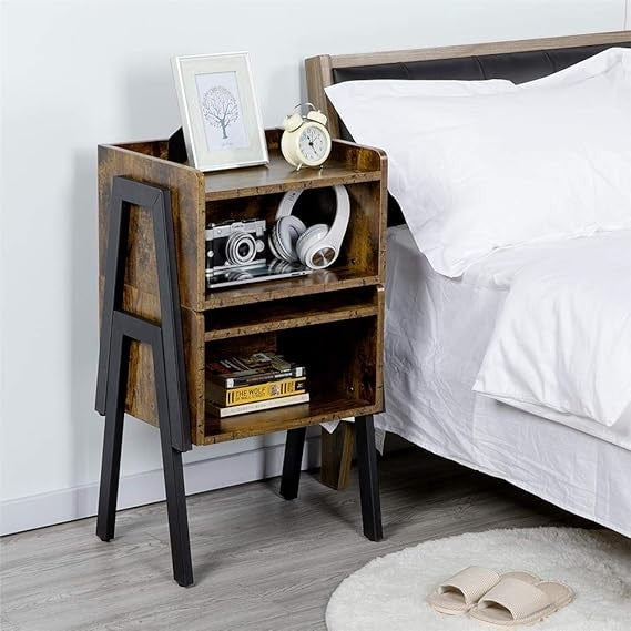 Rustic Brown Bedside Tables Set of 2 | Industrial Nightstands with Open Storage