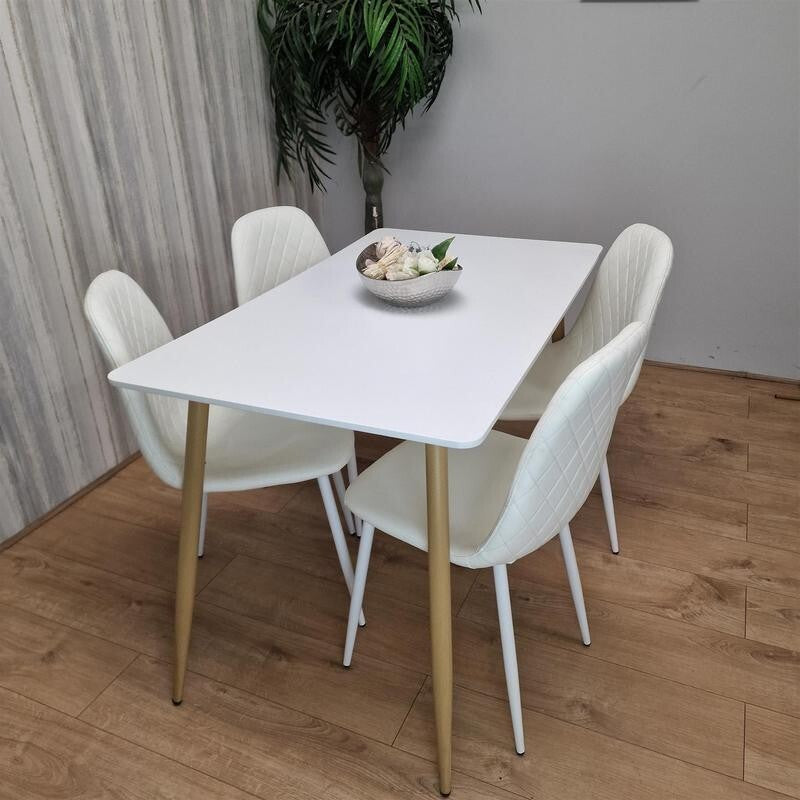 White Dining Table Set with 4 Padded Gem Chairs, Modern Kitchen Set