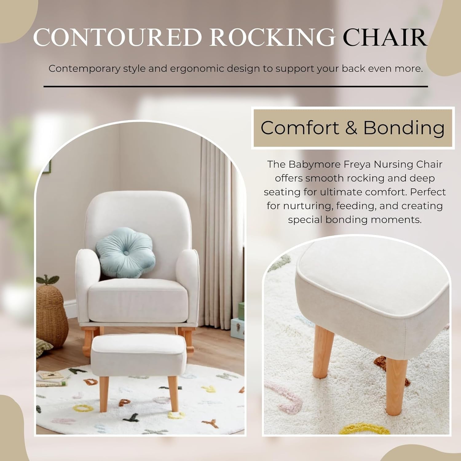 Luxury Nursery Rocking Chair w/ Footstool - Comfy, Stylish, Soft Fabric