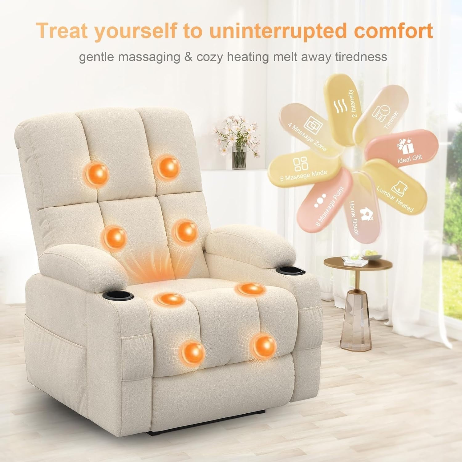 Beige Lift Recliner Chair Elderly Massage Heat USB Cup Holders Extended Footrest