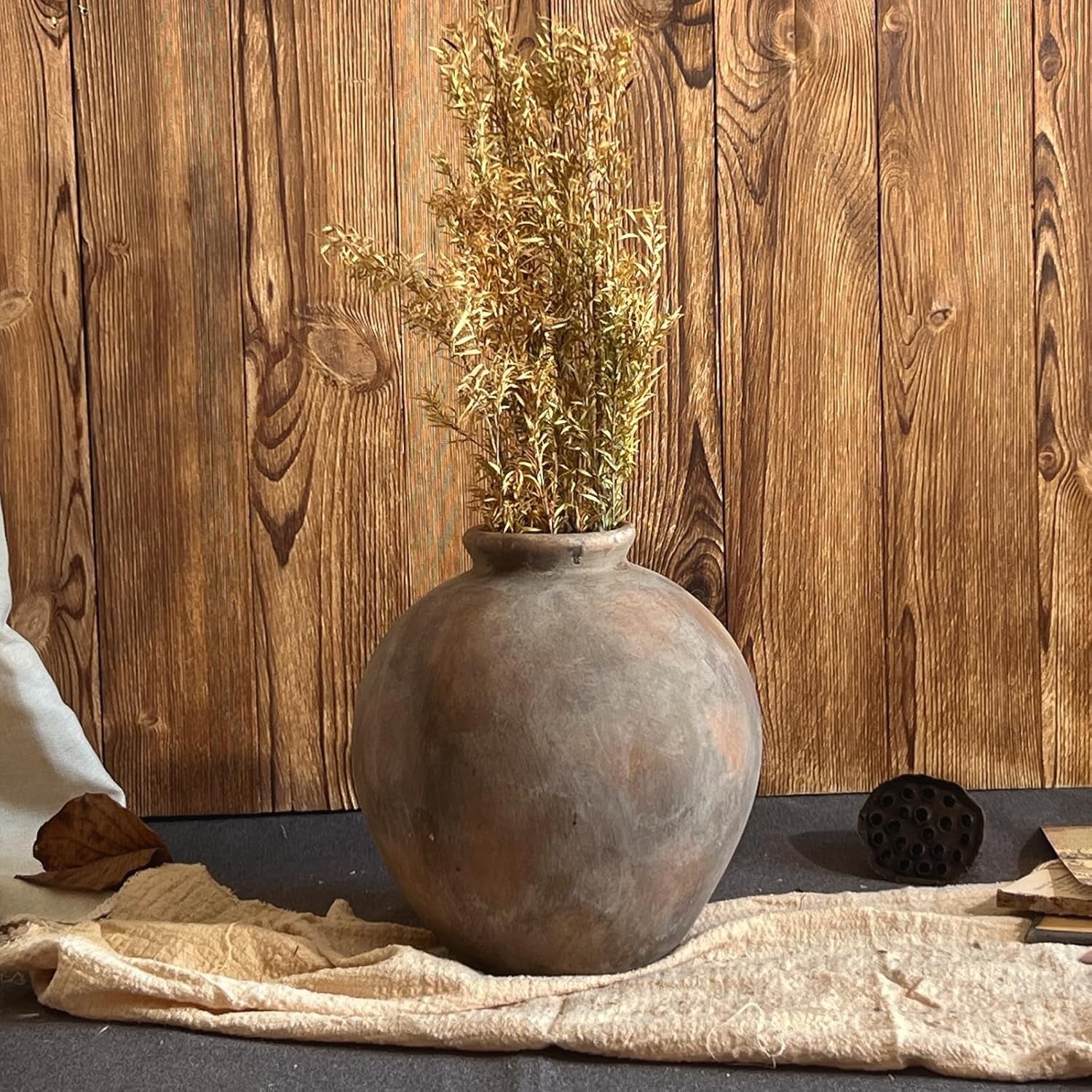 Large Rustic Ceramic Vase Brown Round Decorative Flower Vase 22cm Home Decor
