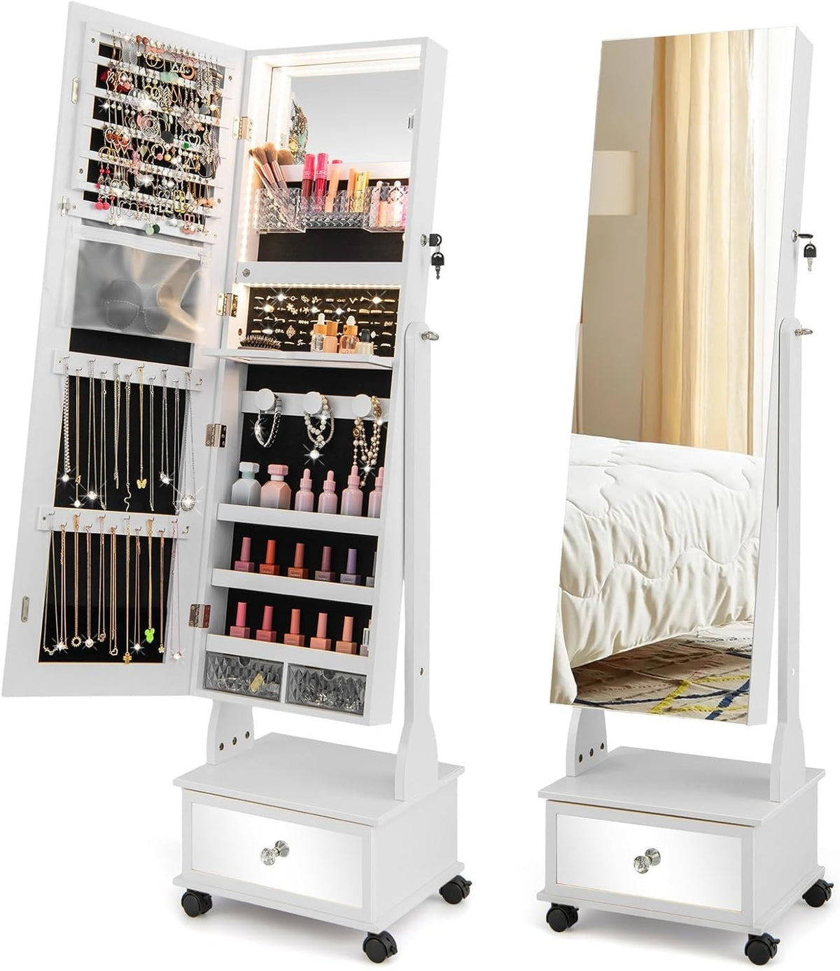 White LED Jewelry Armoire Mirror Lockable Rolling Storage Cabinet Stand