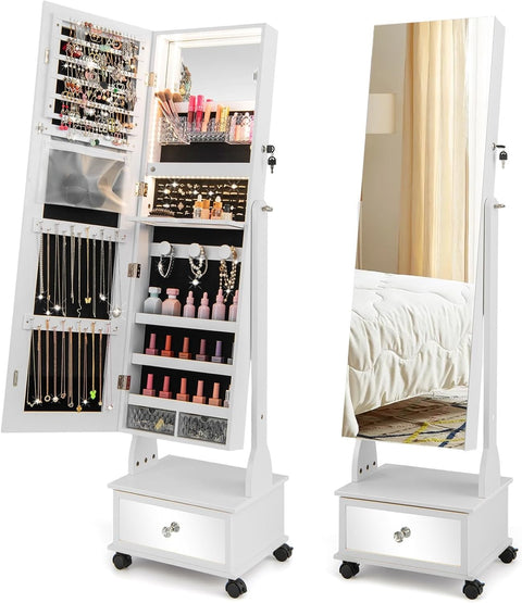 White LED Jewelry Armoire Mirror Lockable Rolling Storage Cabinet Stand