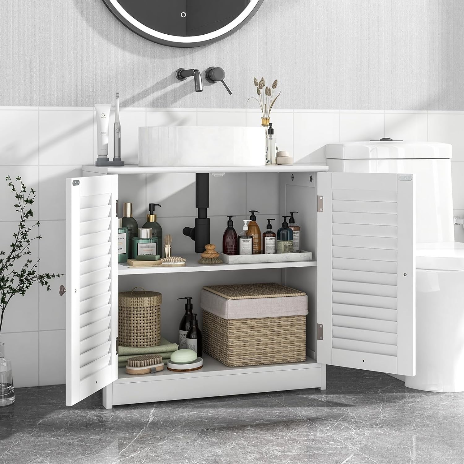 White Under Sink Bathroom Cabinet – 2 Shutter Doors Storage Unit 60x30x60cm
