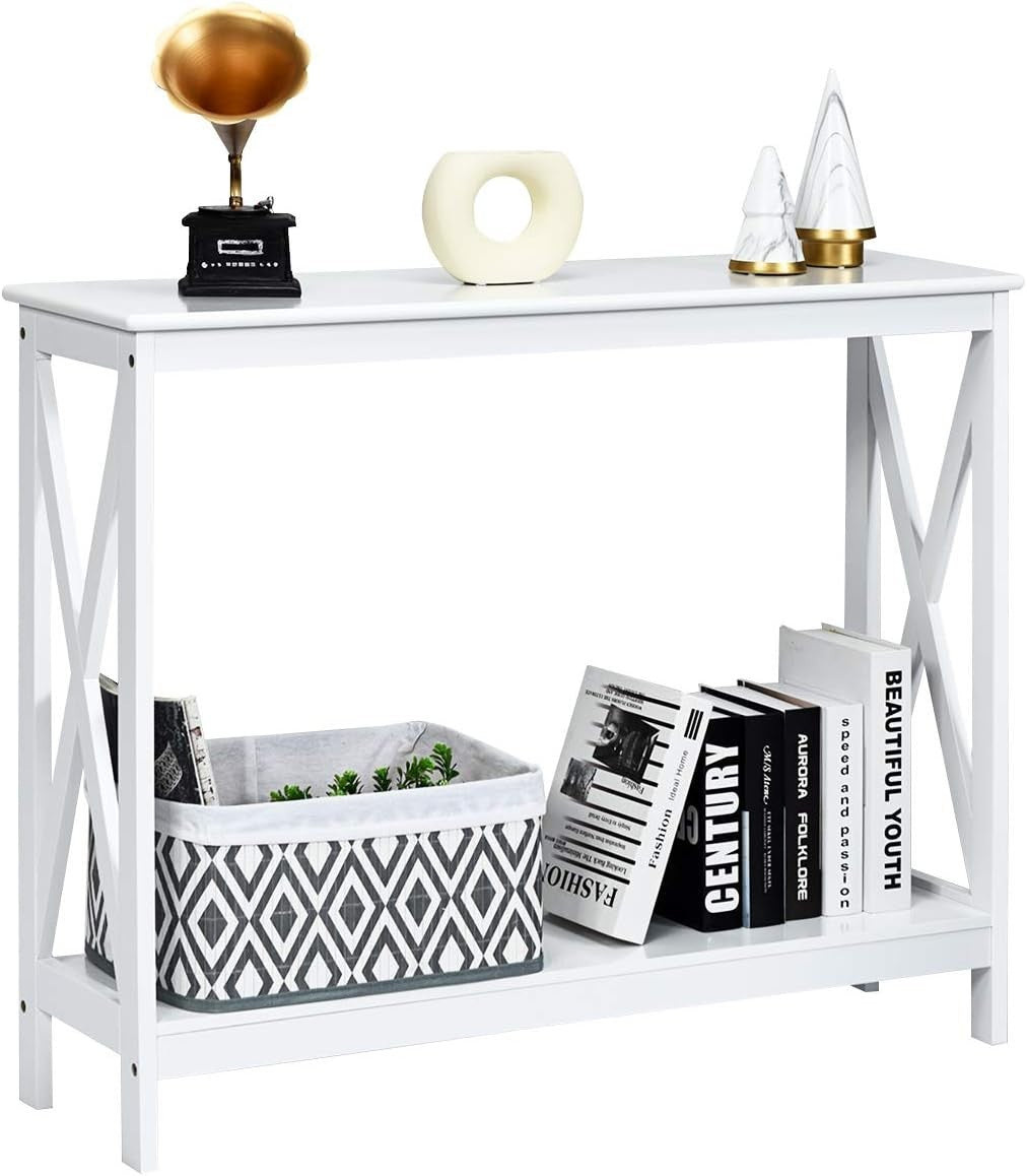 Slim 2-Tier Console Table with Open Storage – White Narrow Hallway Unit