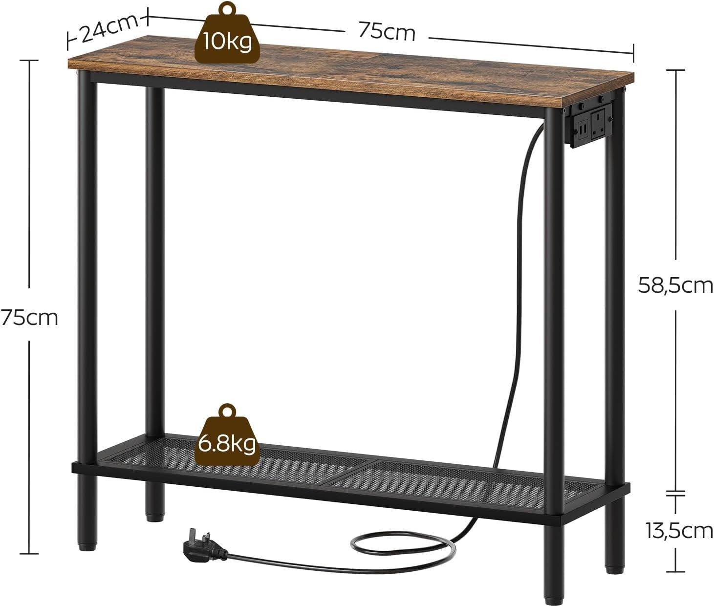Slim Console Table with Power Outlet & Storage Shelf for Entryway & Living Room