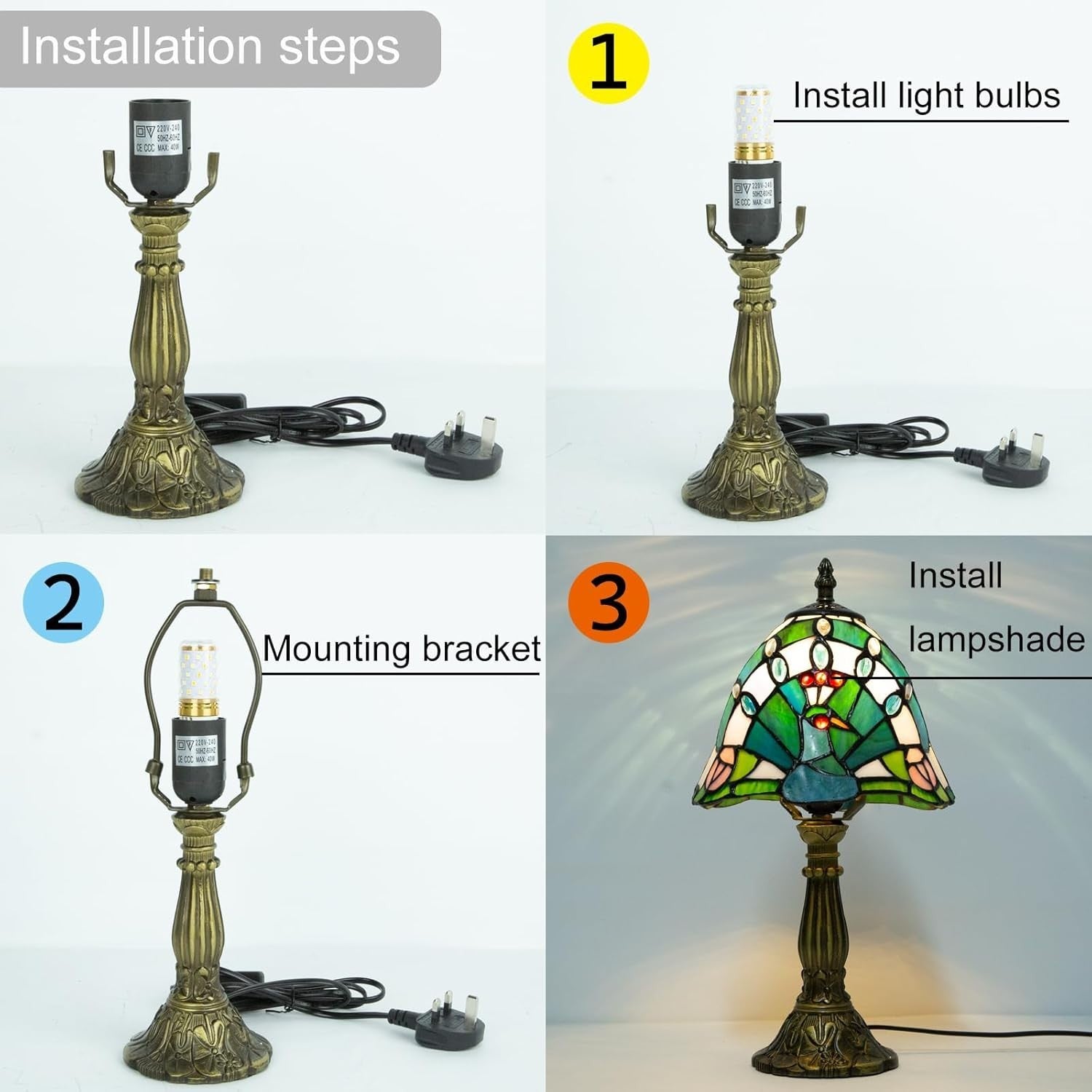 Vintage Peacock Tiffany Table Lamp, Dimmable LED, Resin Base, 20x20x37cm