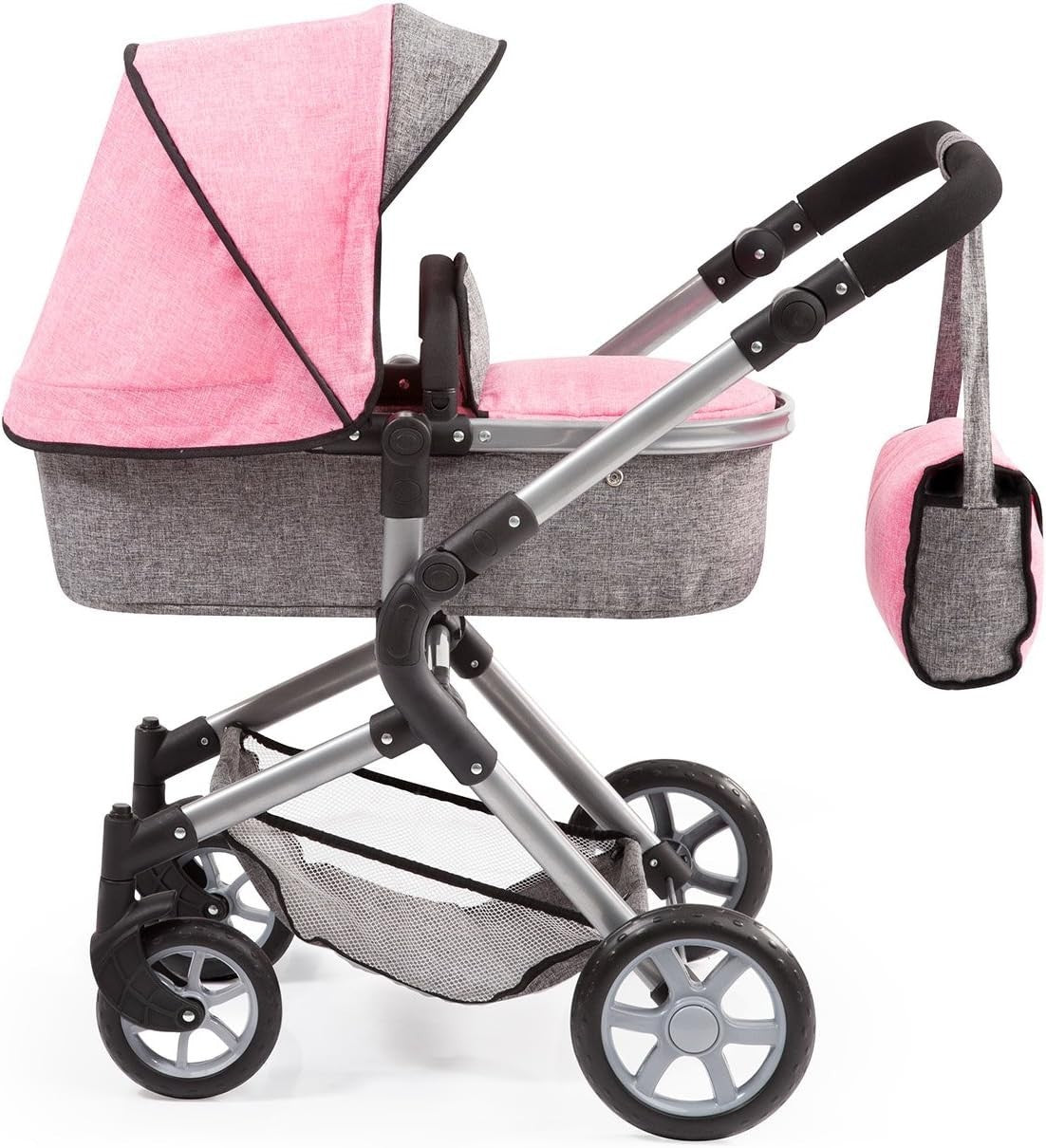 Dolls Pram Pushchair Convertible Adjustable Handle Basket Bag Toy