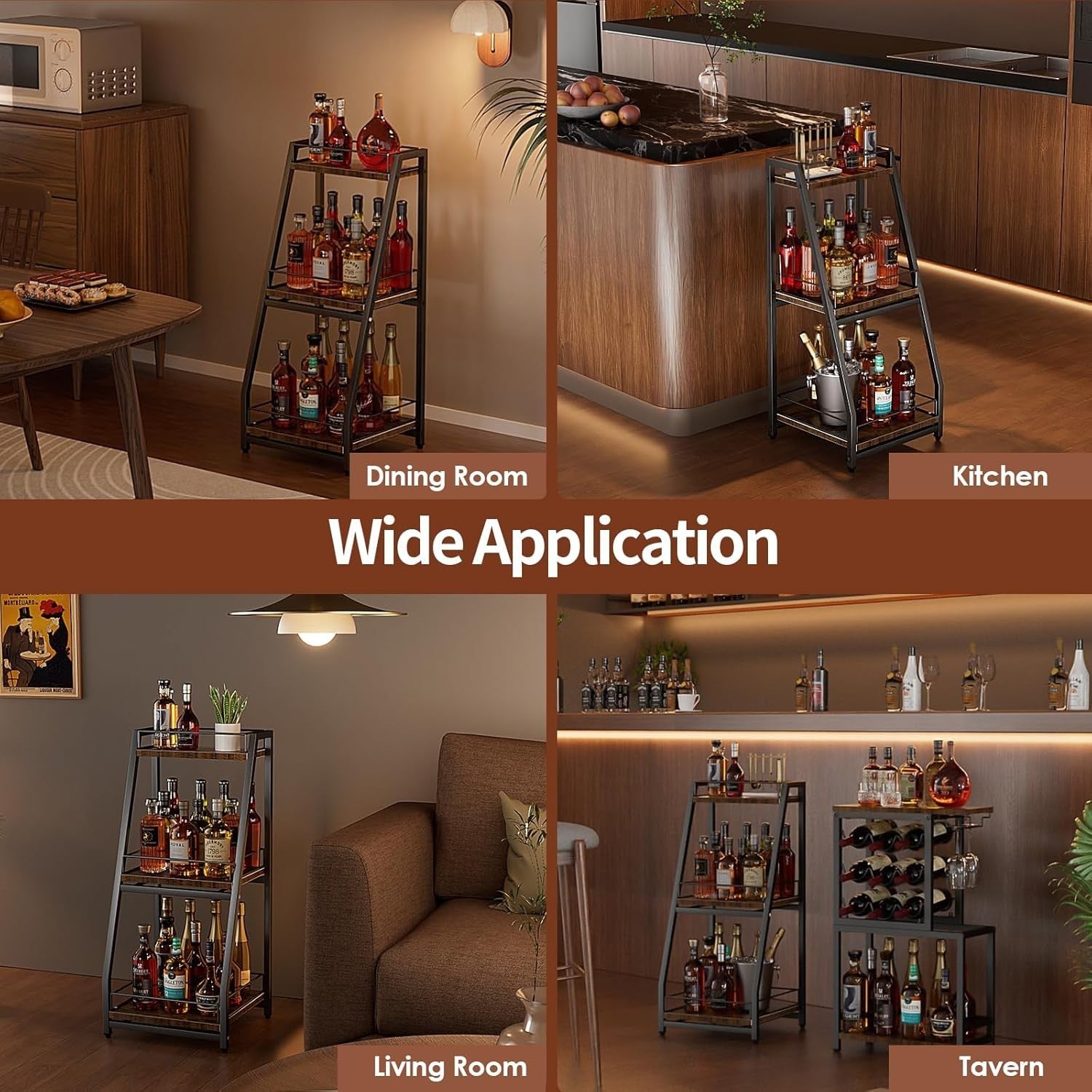 3 Tier Liquor Bar Cabinet Stepped Wine Rack with Slide Shelves & Storage
