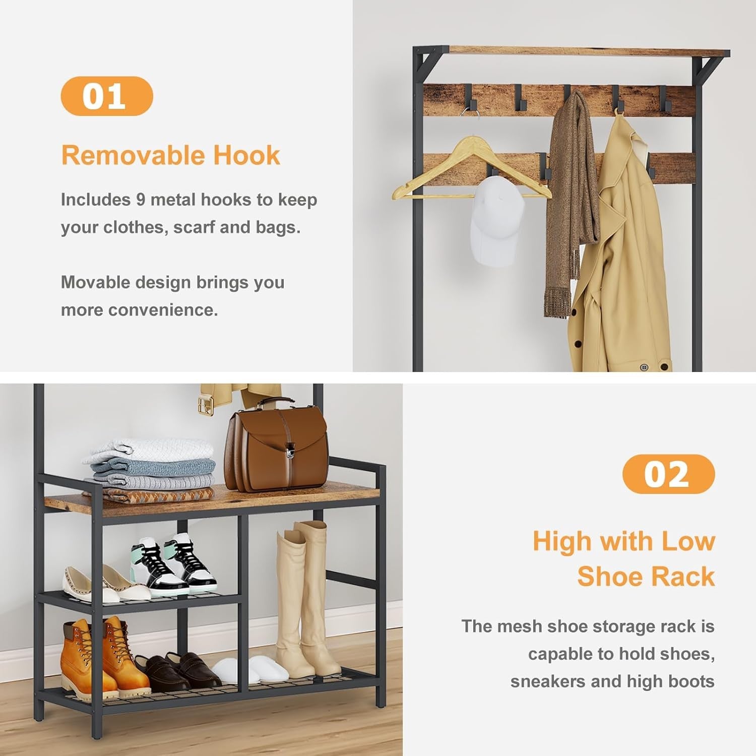 Rustic Brown Industrial Coat Rack with Shoe Bench | 9 Hooks Hall Tree Stand