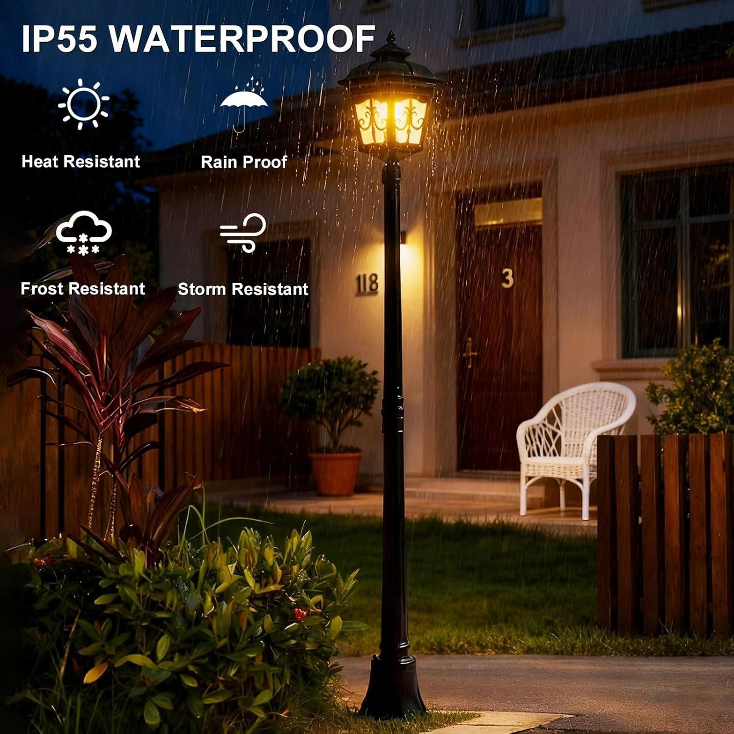 Vintage Outdoor Lamp Post, IP55 Waterproof Garden Light, Antique Black, 170CM
