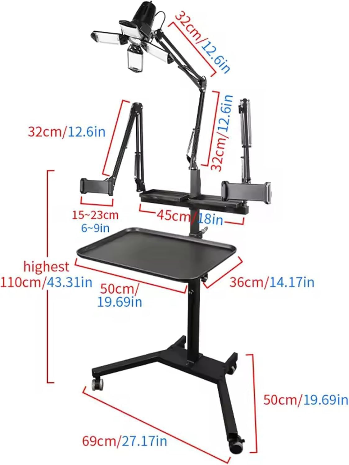 Tattoo Workstation LED Light Adjustable Rolling Table Phone Tablet Holder