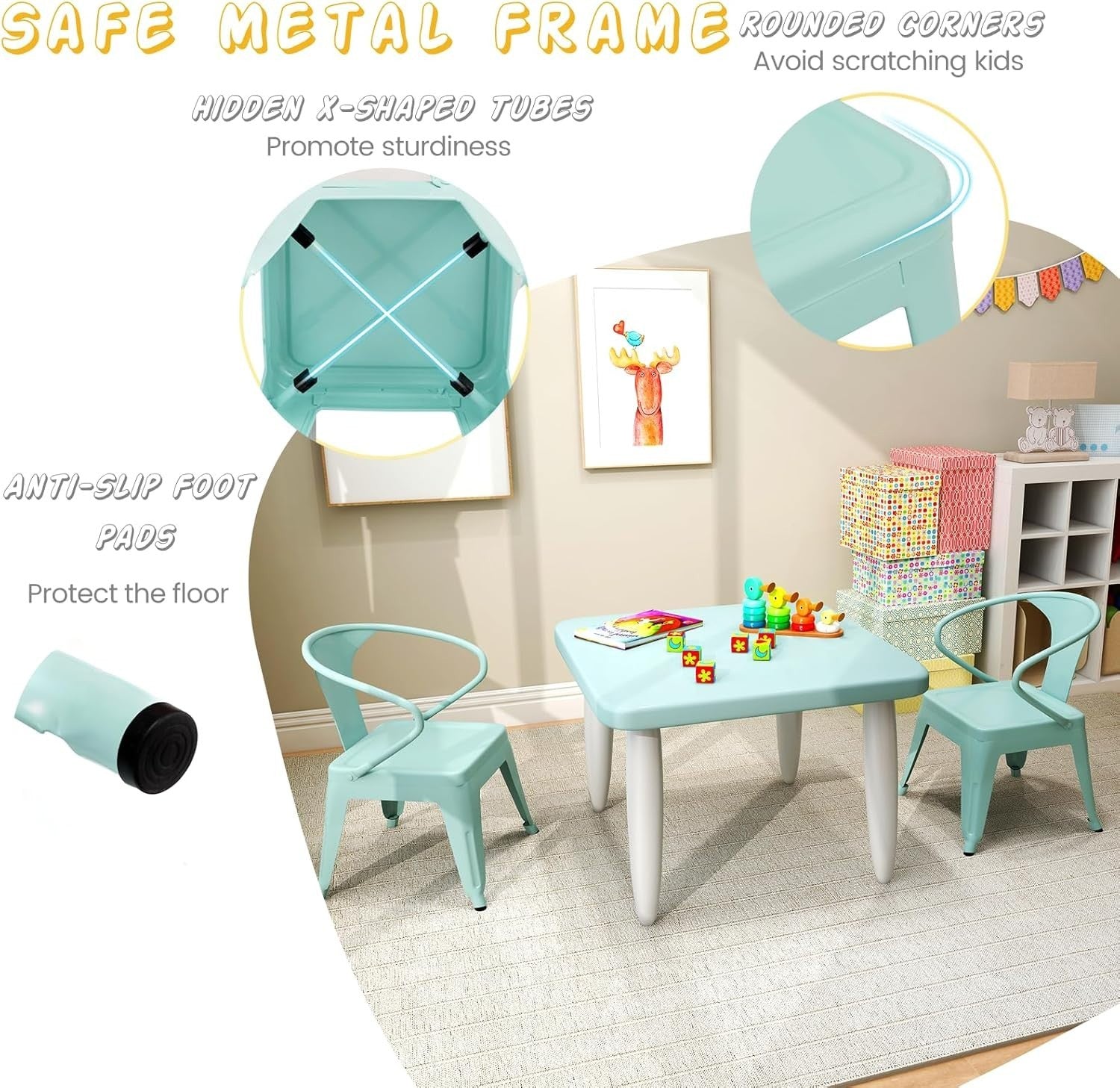 Kids Table and 2 Chairs Set Metal Study Activity Desk for Drawing Play