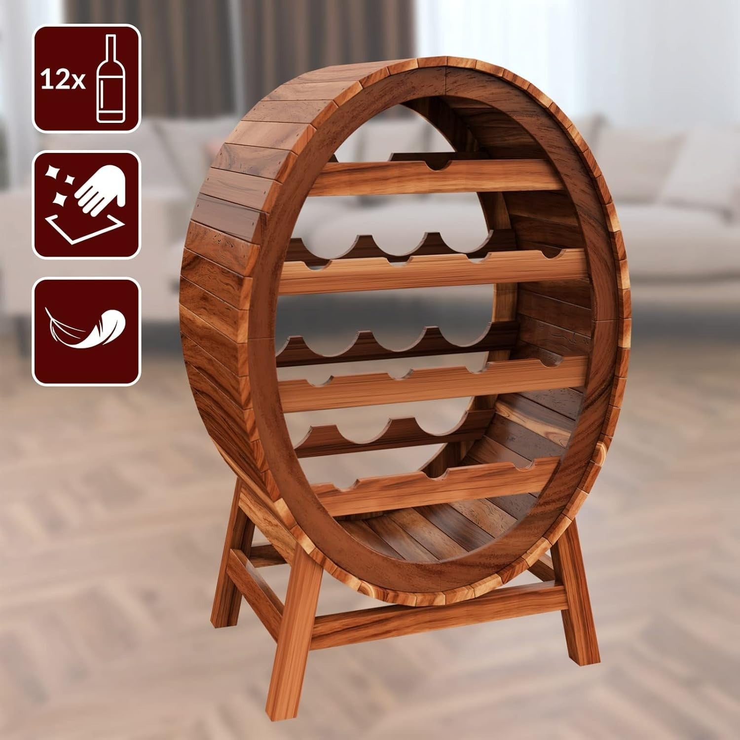 Rustic Barrel Wine Rack Solid Acacia Wood Holds 12 Bottles Floor Standing