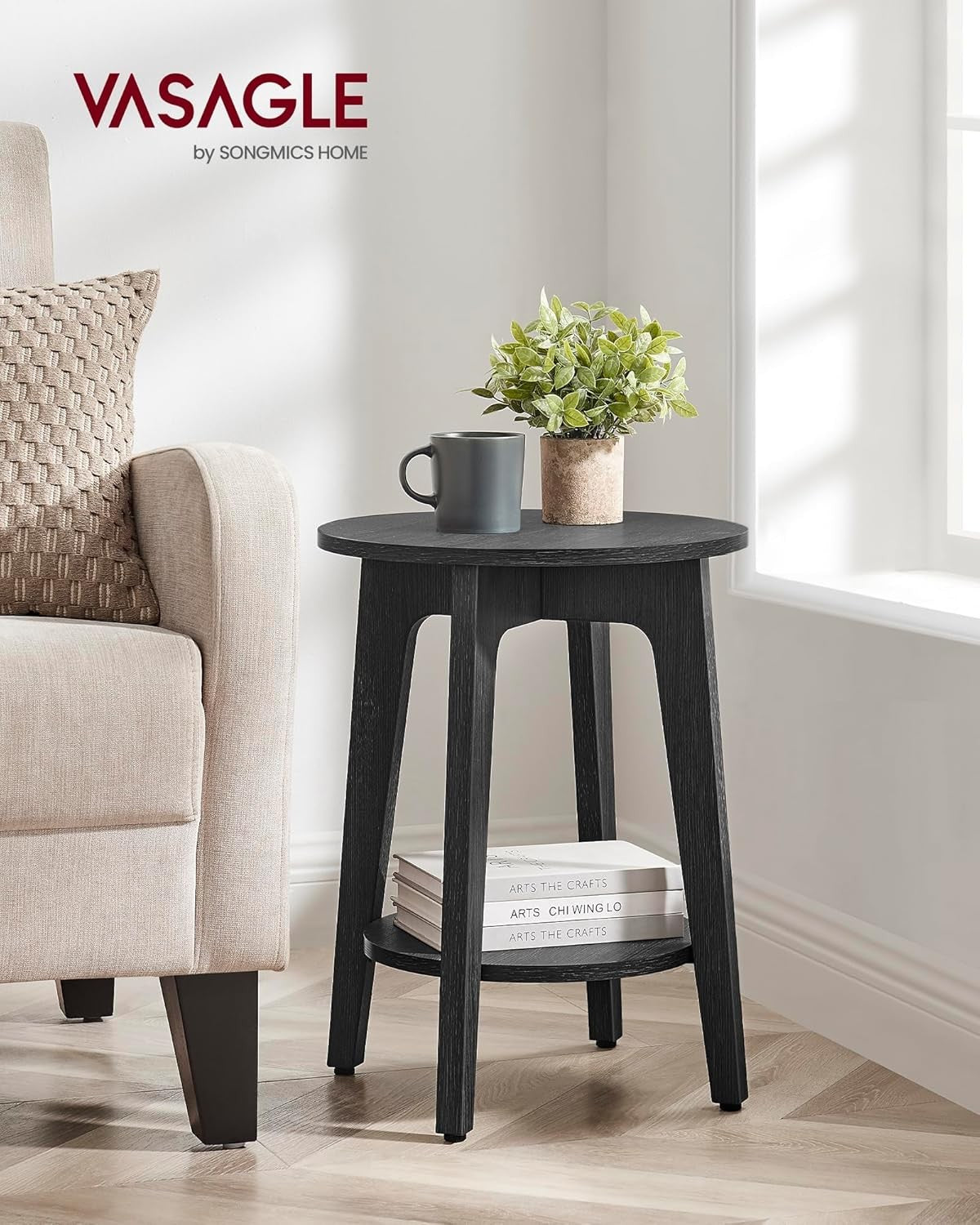 Round Black Side Table with Shelf, Small 2-Tier End Table for Living Room