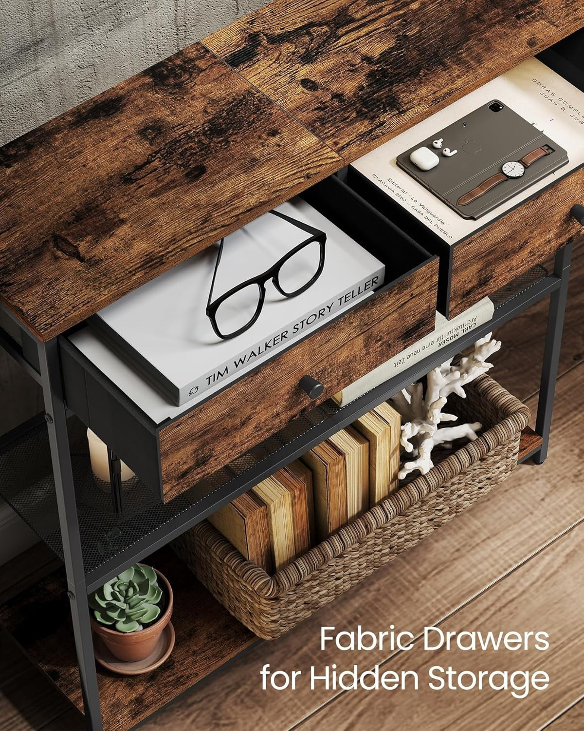 Narrow Console Table with 2 Fabric Drawers & 3-Tier Shelves – Rustic