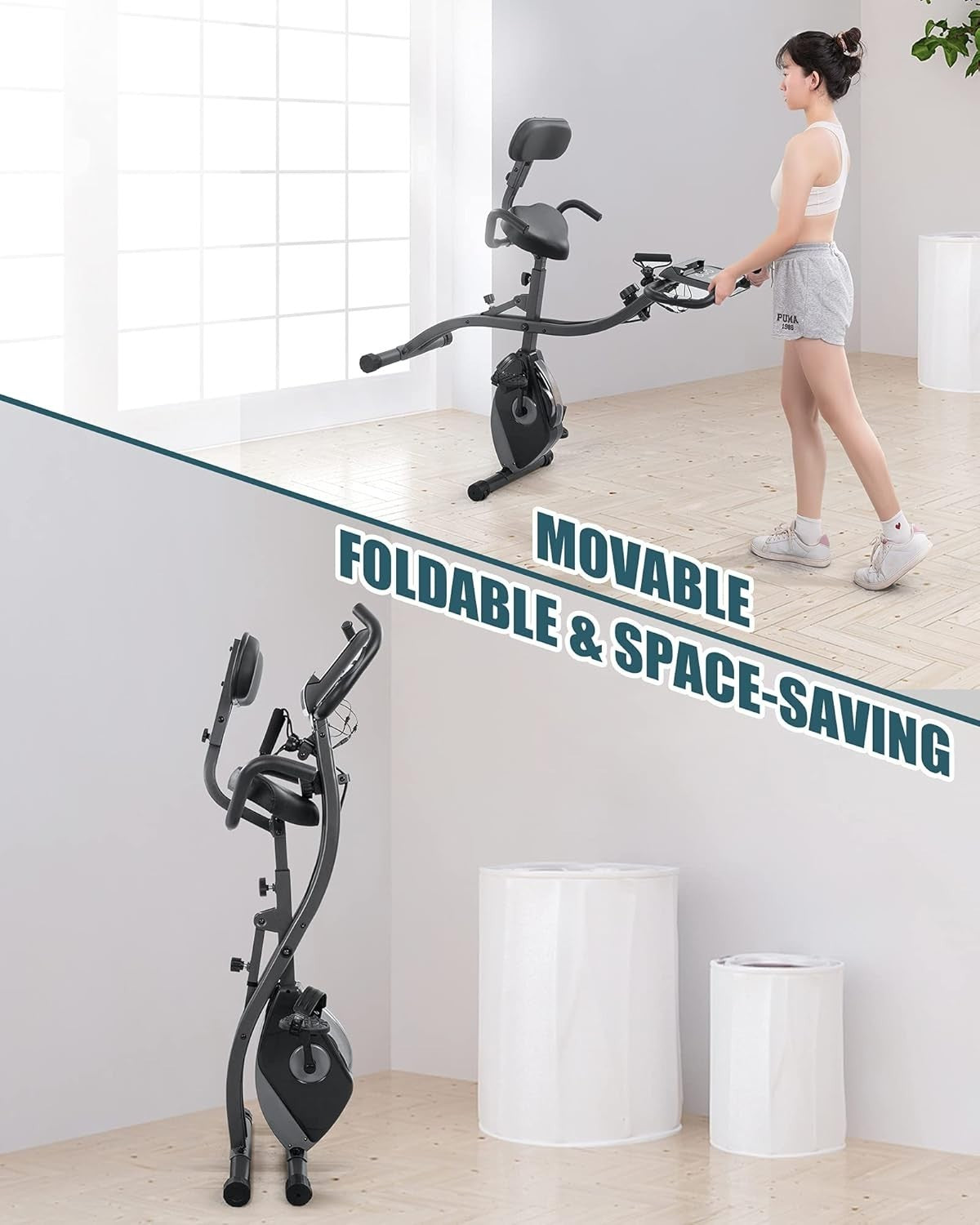 Folding Exercise Bike 3-in-1 Magnetic Recumbent Upright LCD Bands Quiet Home