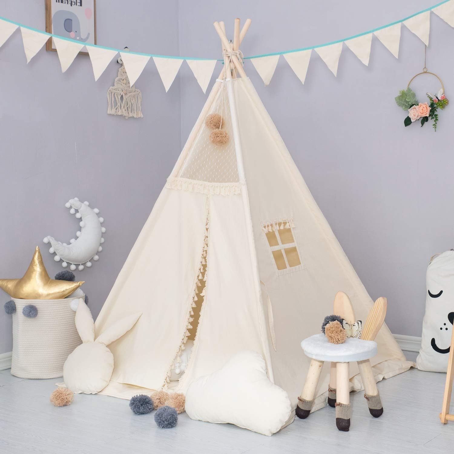 Kids Teepee Tent Cotton Canvas w Padded Mat Banner Tassels