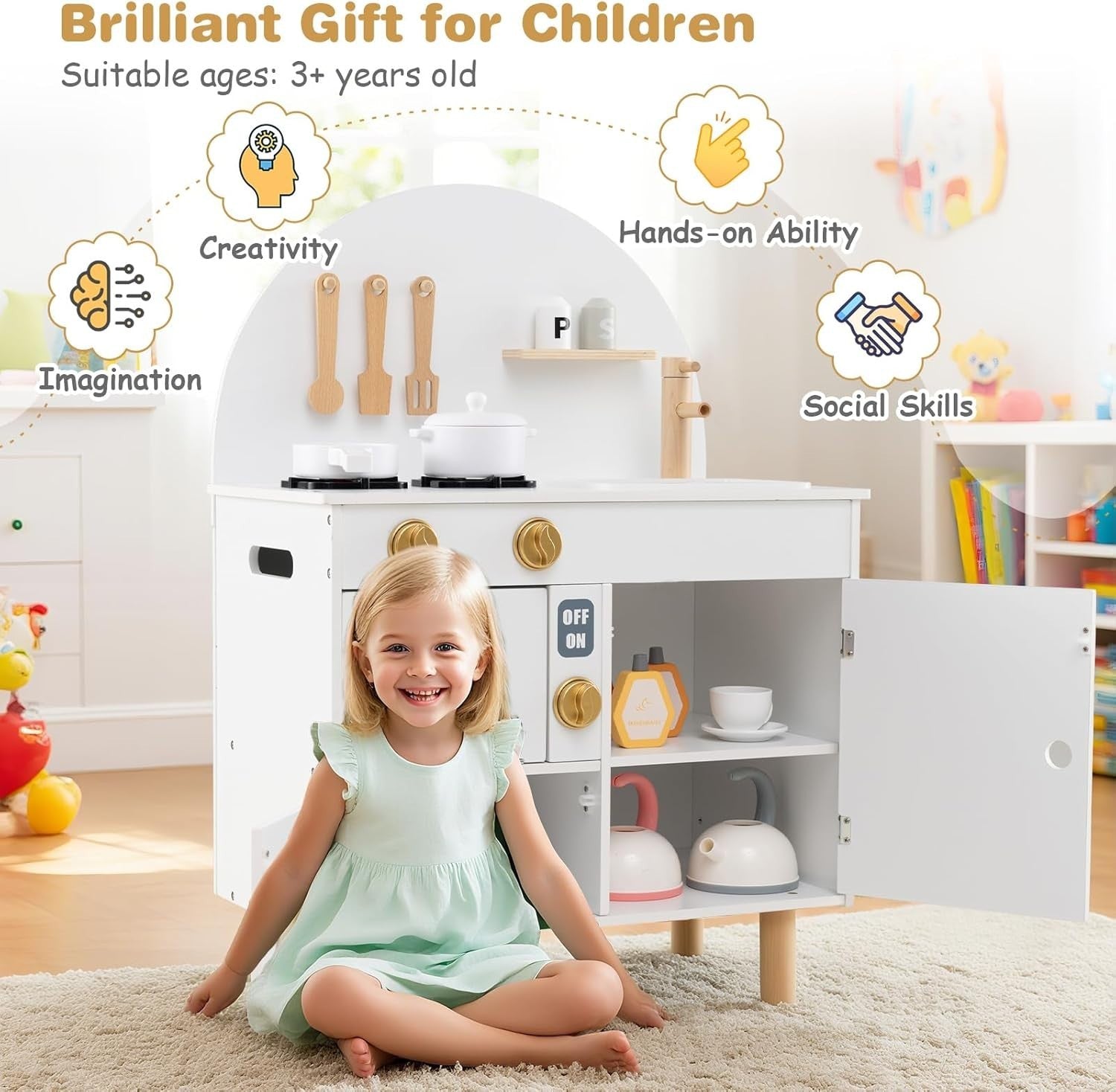 Kids Wooden Play Kitchen White Pretend Cooking Toy Set Accessories