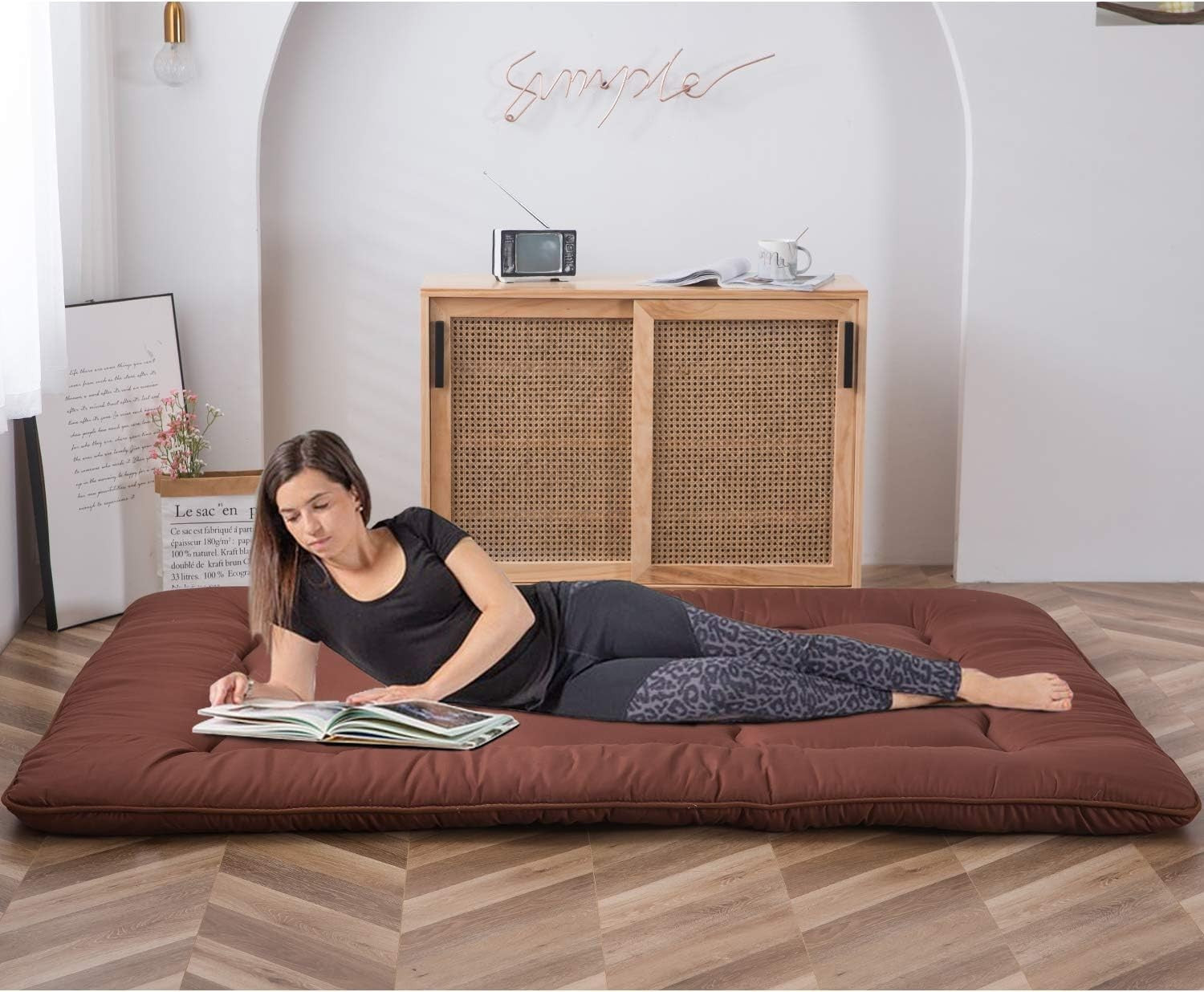 Coffee Foldable Futon Mattress | Thick Quilted Floor Sleeping Pad, Portable