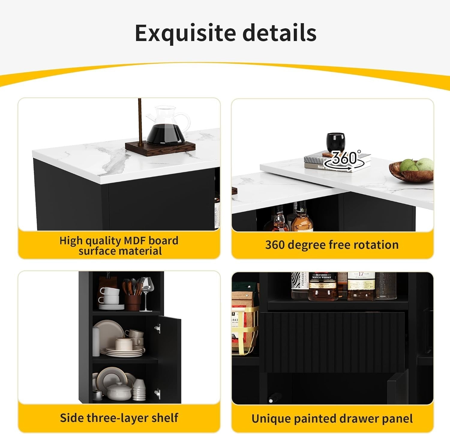 360° Swivel Bar Table with 4 Doors & Drawer Marble Top Storage Cabinet Black