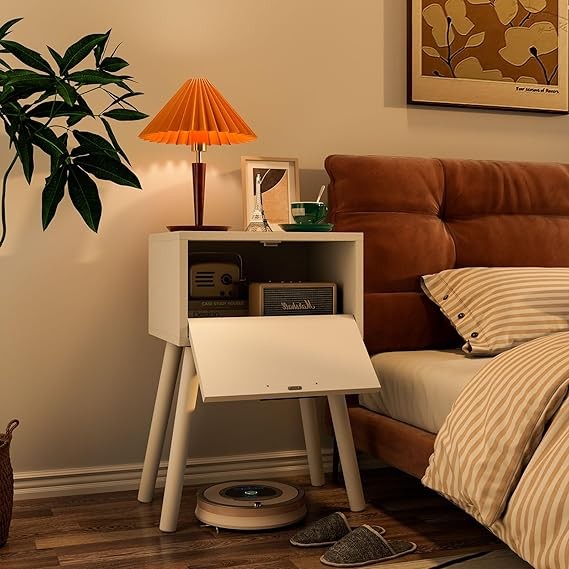 Set of 2 White Bedside Tables with Rattan Drawer & Wood Legs, Modern Nightstands