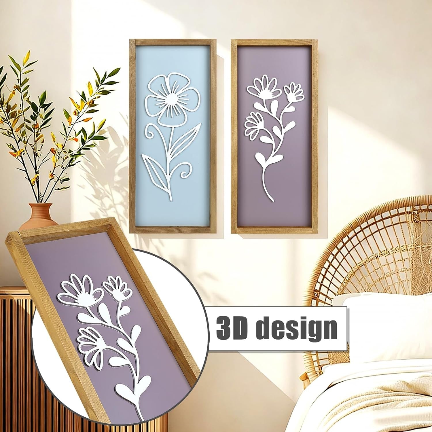 Large 3D Wooden Floral Wall Art Set of 4 Boho Framed Decor for Home