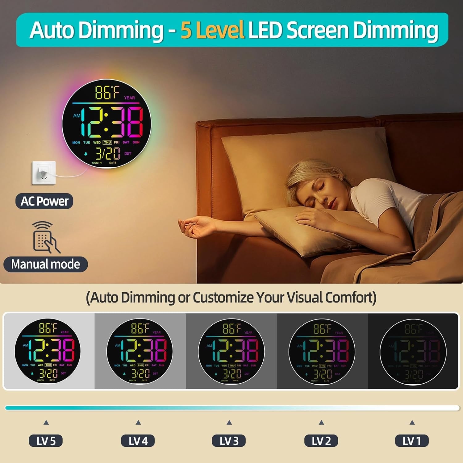 White 10" RGB Digital Wall Clock LED Large Display Remote Temperature
