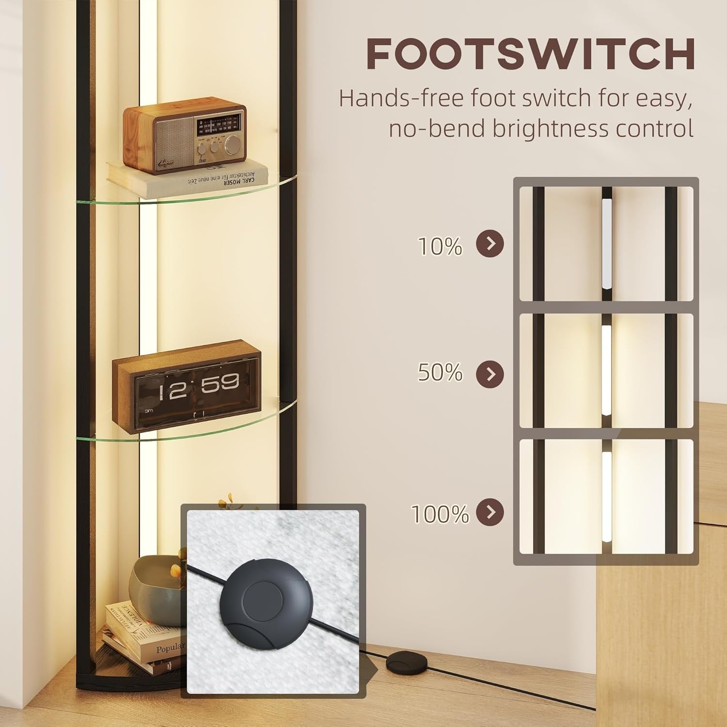 LED Floor Lamp with Shelves Dimmable Corner Standing Light Storage Unit