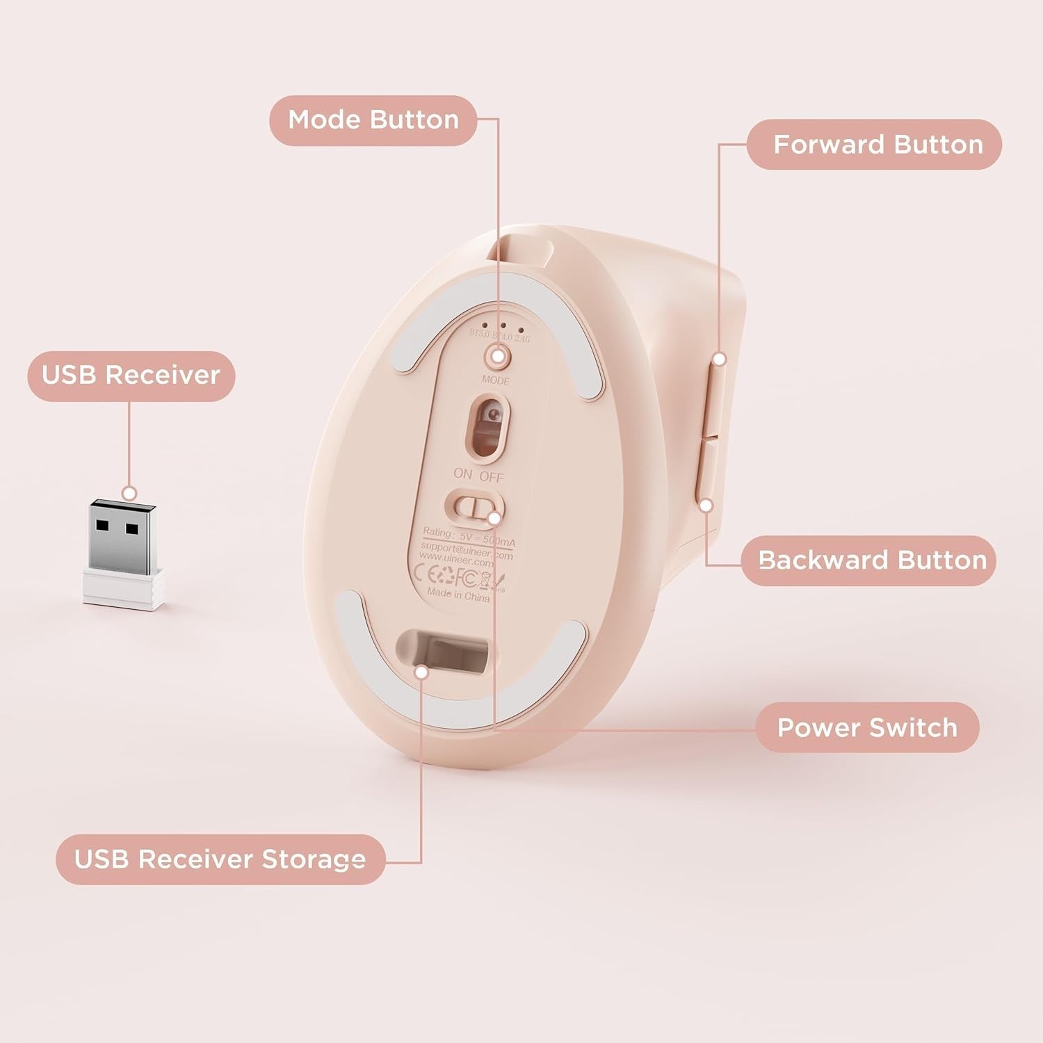 Vertical Wireless Ergonomic Mouse Bluetooth Rechargeable Pink
