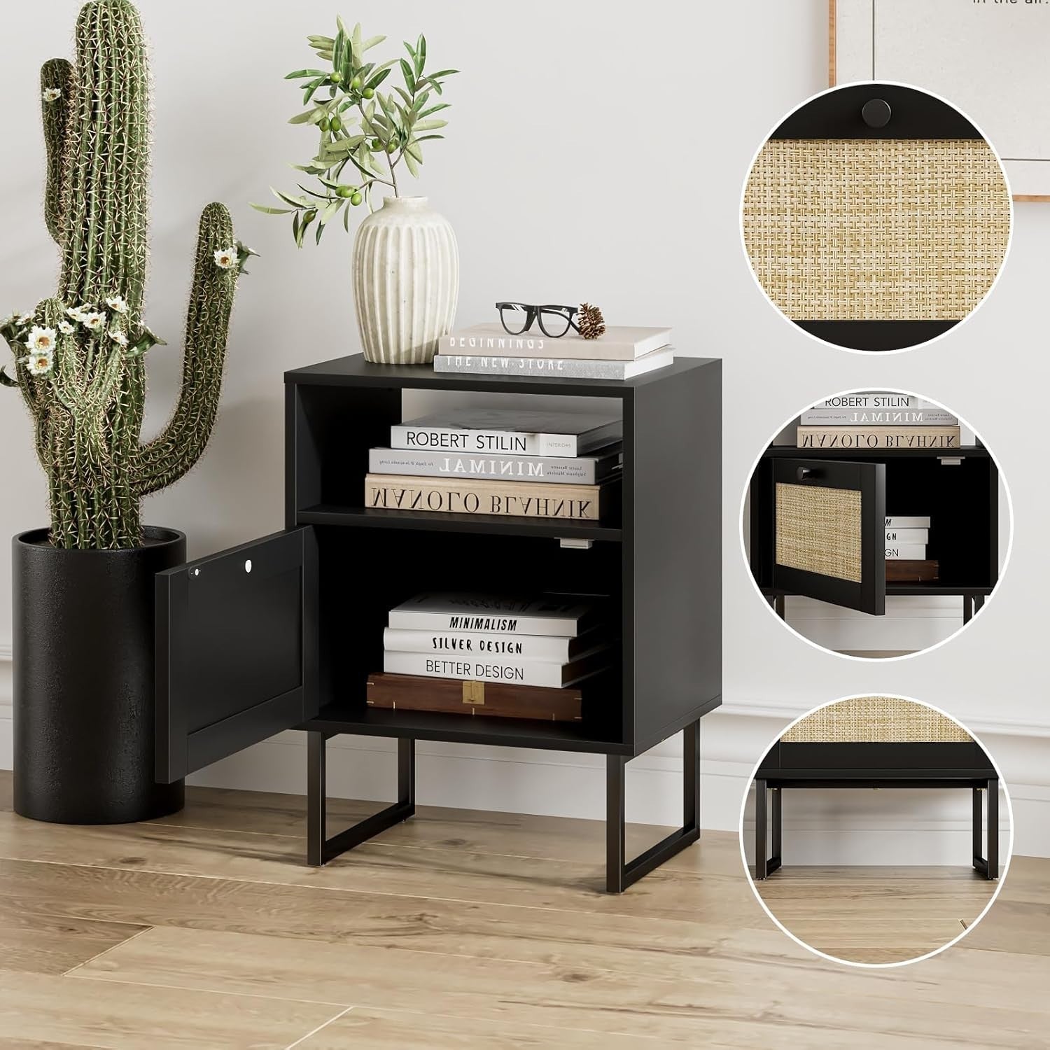 Modern Black Rattan Bedside Table with Drawer & Shelf Metal Frame Nightstand