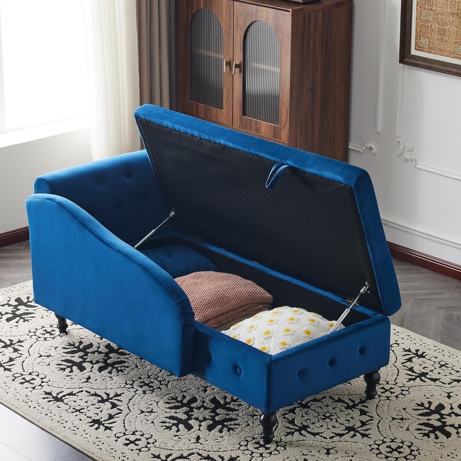 Velvet Chaise Lounge Sofa w/Storage & Pillow Right Armrest Blue Tufted