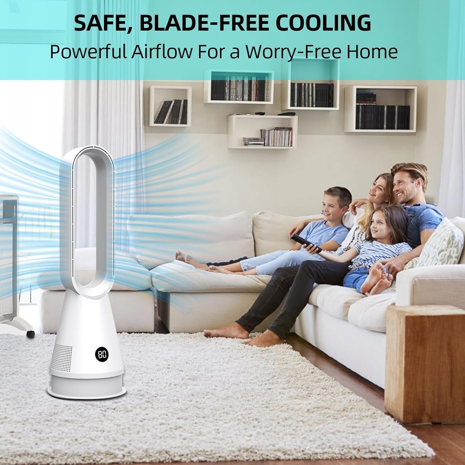 Silver Bladeless Tower Fan 8Speed LED Display Quiet Cooling 9H Timer 32dB Modern