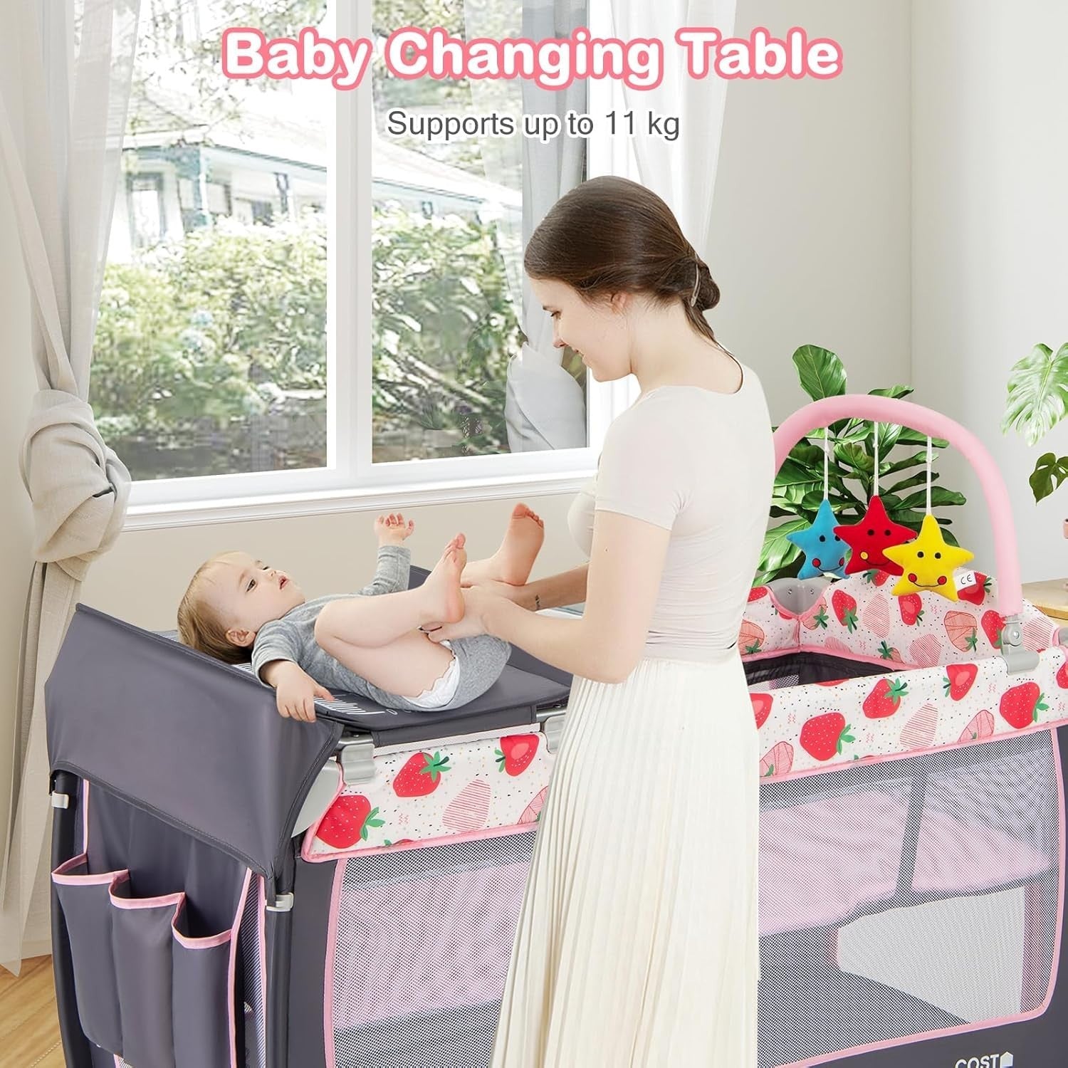 4in1 Travel Cot Baby Bedside Foldable Crib Portable Playard Strawberry Pink