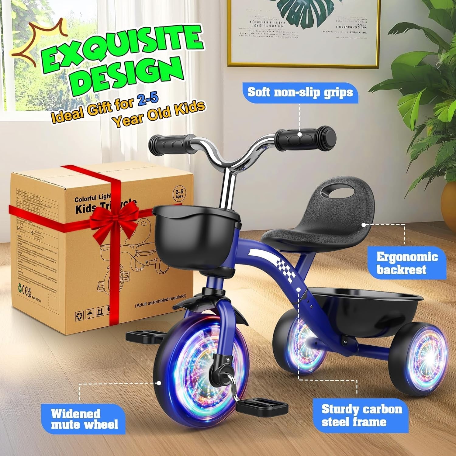 Kids Tricycle LED Light Wheels Balance Bike Adjustable Seat Boys 2-5Y