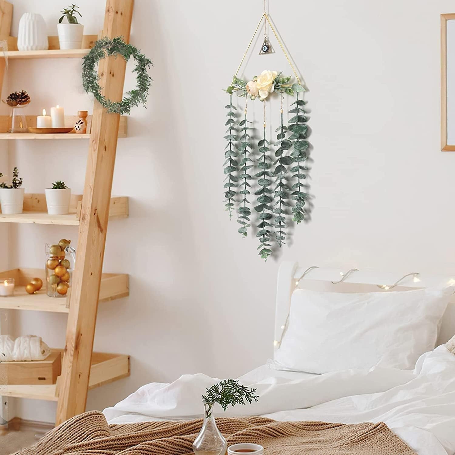 Artificial Eucalyptus Wall Hanging Boho Gold Triangle Home Decor