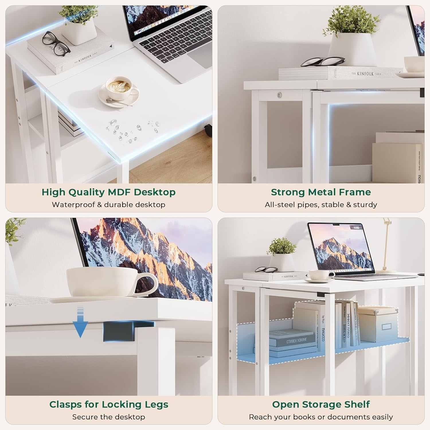 Folding Computer Desk Rolling Laptop Table with Storage Shelf Wheels White