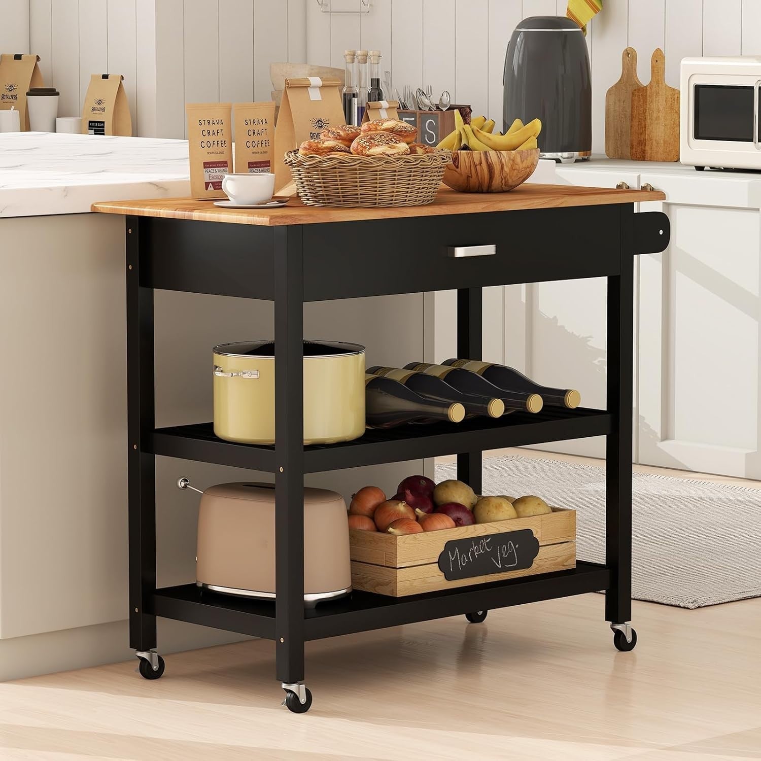 Black 106cm Kitchen Island Cart Rubber Wood