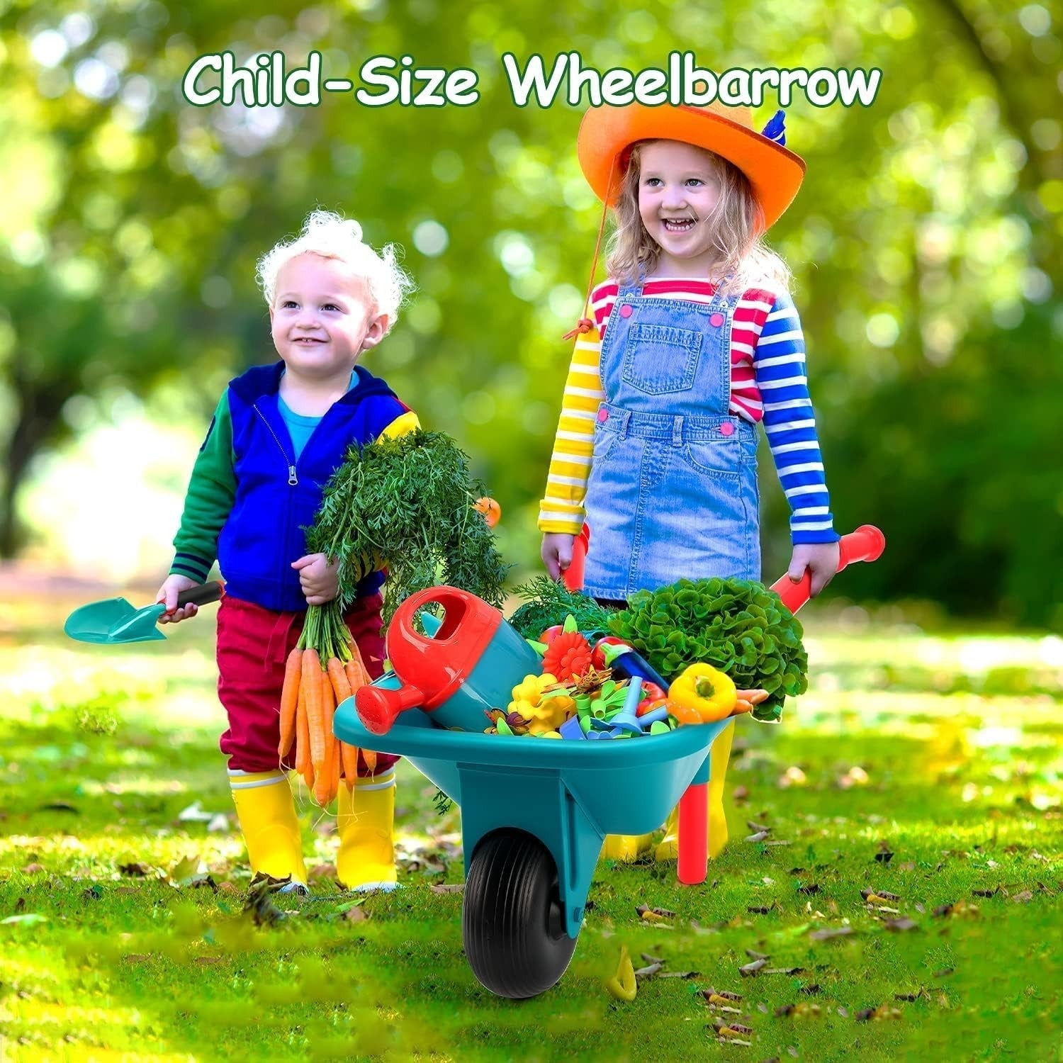 Kids Garden Wheelbarrow Toy Set – Outdoor Play Tools w/ Flowers & Watering Can