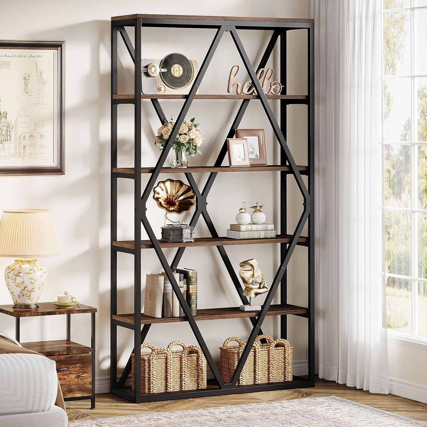71-Inch Industrial 6-Tier Tall Bookshelf | Rustic Wood & Metal Display Shelving