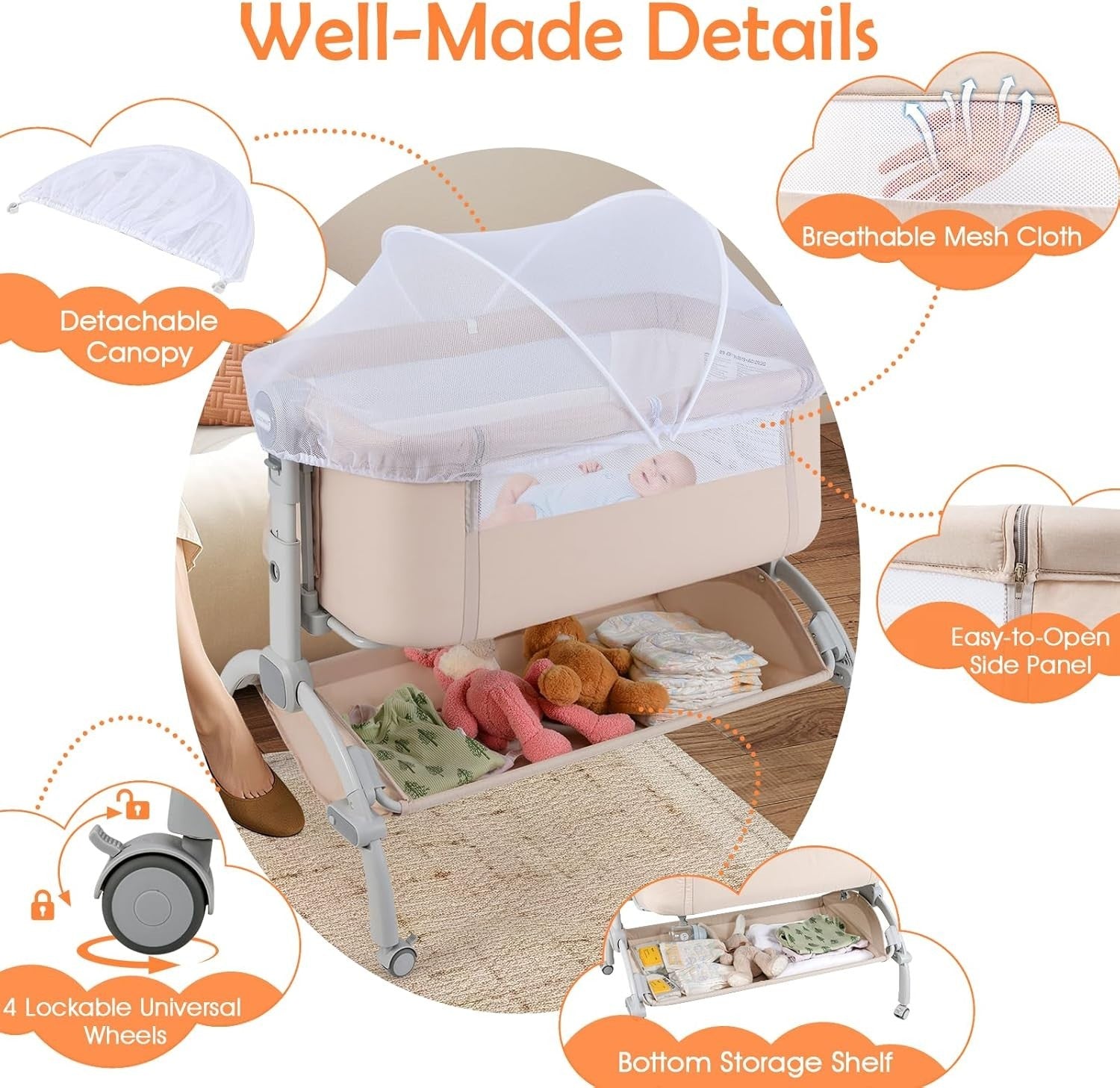 Baby Bedside Crib Adjustable Bassinet with Mattress Newborn Sleeper Beige
